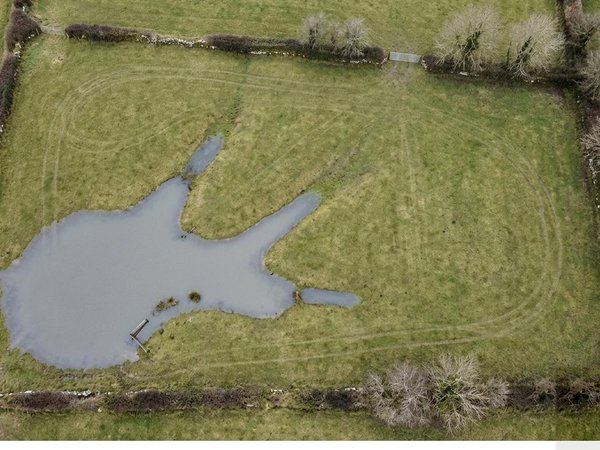 An aerial photograph of a field with the flooded part filled in green.