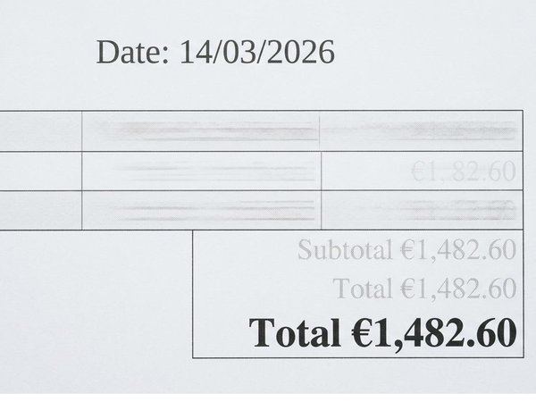 A photograph of a printed invoice with green boxes round the total and the date.