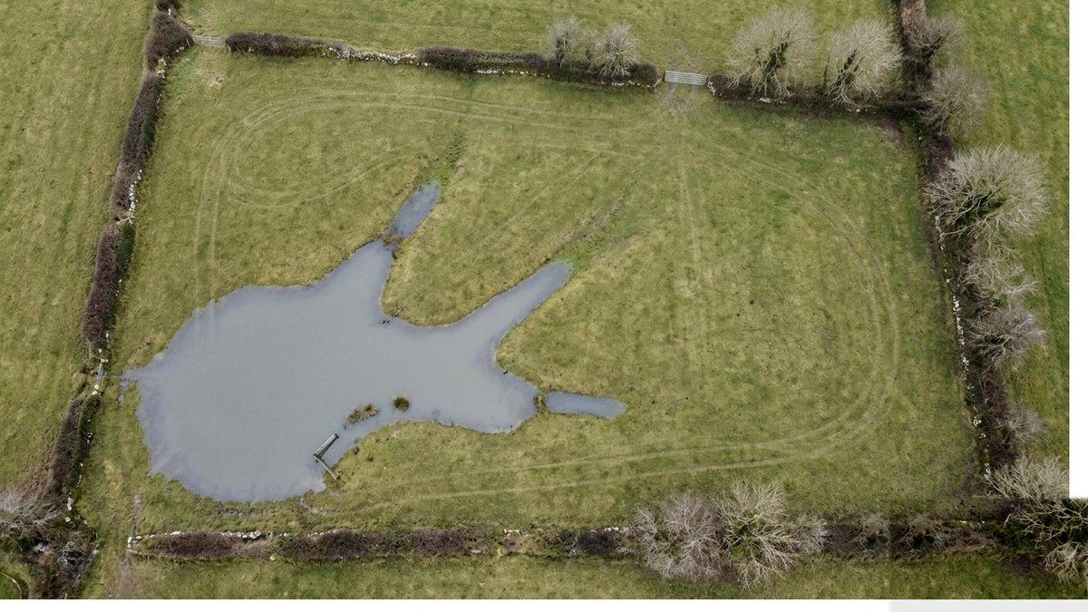 An aerial photograph of a field with the flooded part filled in green.