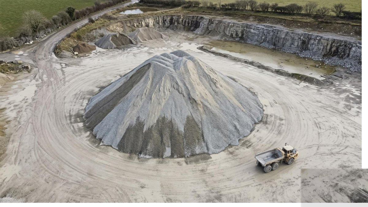 A drone photograph of a stone stockpile in a quarry with a dump truck beside it for scale.