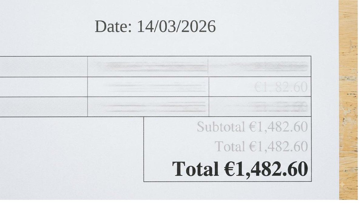 A photograph of a printed invoice with green boxes round the total and the date.