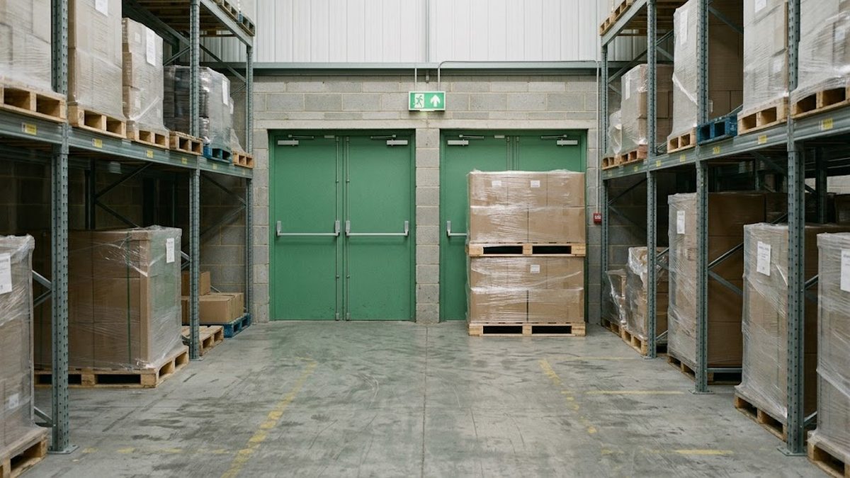 A photograph of a warehouse shelf with a typed question above it and a written answer beneath.